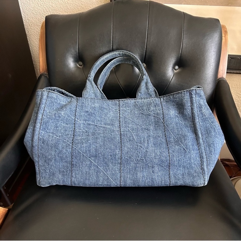 Auth large PRADA Canapa Blue Denim Tote Bag gold hardware rolled handle - Picture 2 of 14
